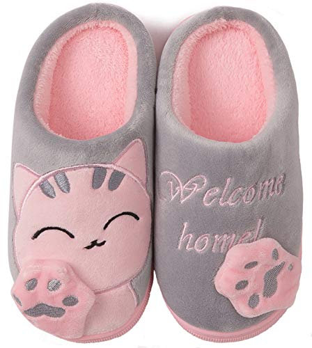ChayChax Nette Winter Baumwolle Hausschuhe Warme Plüsch Pantoffeln Schlappen Weiche rutschfeste Indoor Hause Slipper mit Cartoon Katze für Herren Damen Kinder, Grau Pink, 33/34 EU=Hersteller 34/35