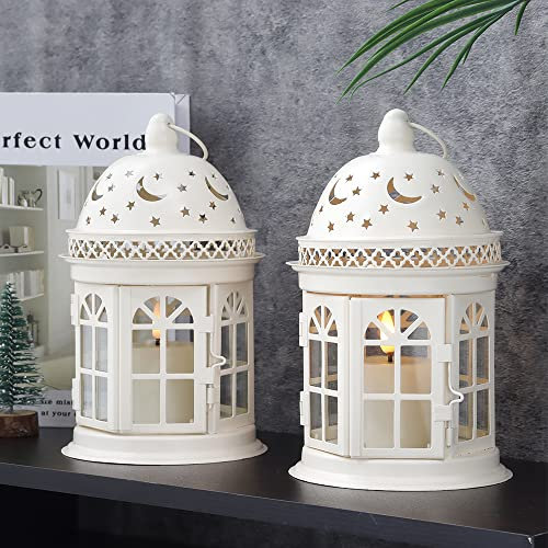 JHY DESIGN Set of 2 Decorative Candle Lanterns 21.5 cm High Vintage Hanging Candlestick Metal Candelabra Tealight Holder for Indoor Outdoor Events Parities Table Weddings Pathway Jungle Tree (White)