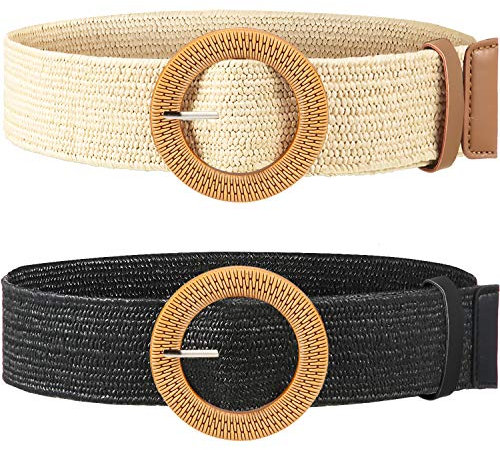 SATINIOR Geflochtener Strohgürtel für Damen mit Schnalle im Holz-Stil, elastisch, schlank, Kleid, Taillengürtel, 2 Stück, schwarz/weiß, Medium