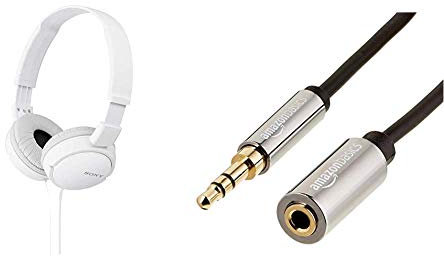 Sony MDR-ZX110/WC(AE) Overhead Headphones - White & Amazon Basics - Stereo Audio Extension Cable (3.5mm Male to Female, 3.6m Connector)