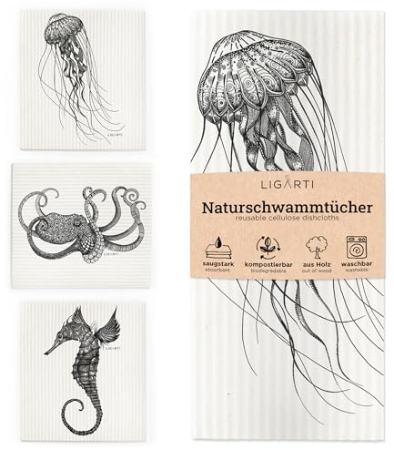 Ligarti Schwammtücher aus Holz (100% öko & waschbar) 3er Set Spültücher nachhaltig kompostierbar I Allzwecktücher für den Haushalt Made in Germany I Spüllappen, Spülschwamm kompostierbar