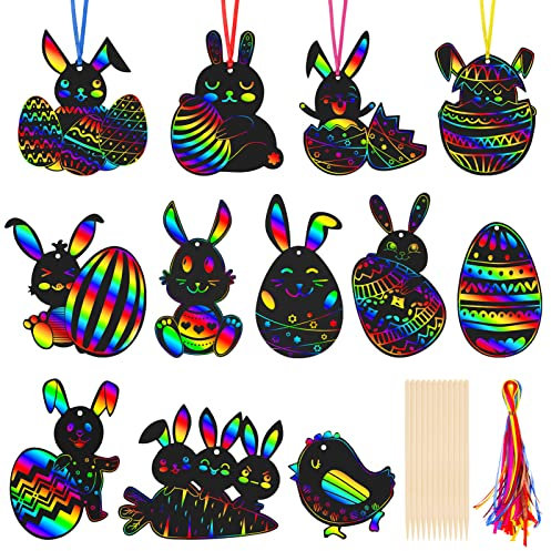 MELLIEX 36 Stück Kratzbilder für Kinder, Ostern Basteln Kinder Kratzpapier Ostereier Scratch Art für Ostern Dekoration DIY Handwerk