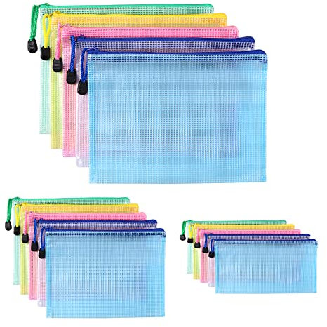 Oderra Dokumententasche A4+A5+A6, 15 Stücke (Je 5) Zip Tasche, Mesh Beutel mit Reißverschluss für Dokumente, Papier, Kosmetika und Farbe Taschen, 5 Farben, A+4 A+5 A+6