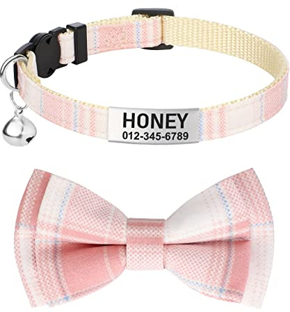 TagME Katzen halsbänder mit Namen und Telefonnummer Auf, Kätzchenhalsband mit Sicherheits Verschluss und Glöckchen, Plaid Baby Pink