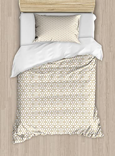 Ambesonne Geometric Duvet Cover Sets, Trellis Fence Inspired Repetitive Sequence Tangled Art Deco Pattern, Bedding Set with 2 Duvet Covers 4 Pillowcases, 2 Pack Cal King Size, Pale Brown and White