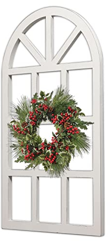 Sintosin Farmhouse Window Frame Wall Decor Living Room 36 x 20, Hanging Distressed White Rustic Arched Window Frame for Christmas, Wooden Cathedral Window Frames for Wall Decor