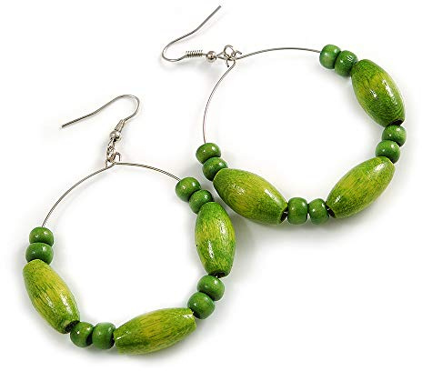 Pendientes de aro de madera verde lima de 50 mm de diámetro, tono plateado, 75 mm de largo, talla única, Madera, Sin piedra preciosa