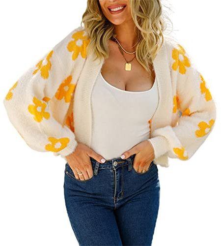 HEYPORK Damen Herbst Winter Warm Bequem Strickjacke Casual Mode Strickpullover Frauen Herbst Strickjacke StraßE Hipster Kurz Gestrickt Blumen Pullover(Weiß, S)