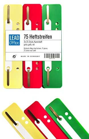 75 Heftstreifen - Kunststoff, 3 Bündel á 25 Stück - MADE IN GERMANY (grün, gelb, rot)