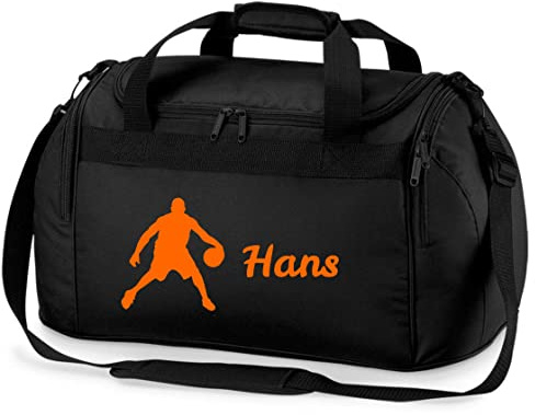 Sporttasche mit Namen Bedruckt für Kinder | Personalisierbar mit Motiv Basketball Spieler | Reisetasche Duffle Bag für Jungen Mädchen Sport (schwarz)
