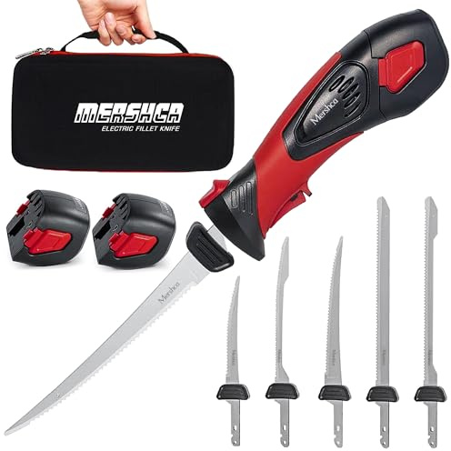 Mershca Cordless Electric Fillet Knife, with 5 Ti-Nitride S.S. Coated Non-Stick Reciprocating Blades & Cooling Hole Non-Slip Grip Handle & Practical handbag, Rechargeable Electric Knife for Fishing