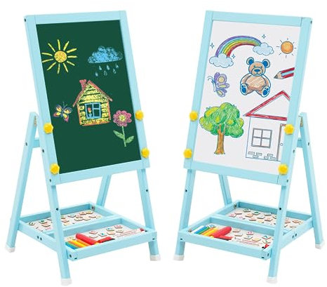 Kindertafel aus Holz, Art Easel Mini Blau Doppelseitige Whiteboard und Tafel Kinder Staffelei