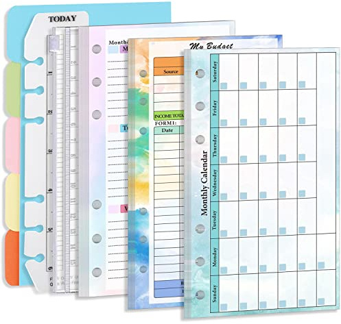 Prefdo - Juego de recambio de planificador de presupuesto A6, 82 hojas, planificador semanal, calendario mensual, planificador de presupuesto de 6 agujeros con bolsillo para carpeta, divisor de papel,