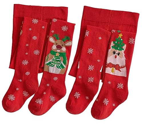 Silkglory Collant Ragazze,2 Pezzi Collant per Neonati con Buon Natale e Decorazioni a Fiocco di Neve, Xmas Leggings Calze Senza Cuciture Collant in Cotone per Neonato Rosso 10-12 Anni