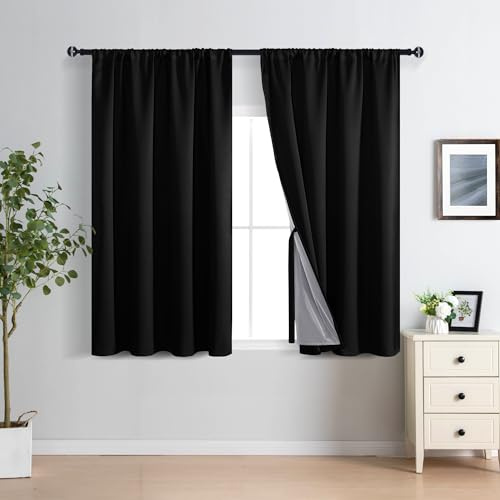 XWZO 100% Verdunkelungsvorhänge, 114 cm lang, mit Raffhaltern, Stangentasche, Vollschatten-Fenstervorhänge, wärmeisoliert, doppellagig, mit schwarzem Futter, für Schlafzimmer/Wohnzimmer, Schwarz, B