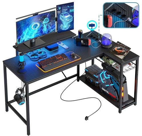 Bestier 132 cm L-förmiger Schreibtisch mit Steckdosen & LED-Beleuchtung, umkehrbarer Eckschreibtisch mit Regalen, großer PC-Arbeitsplatz mit Haken für Home Office und Schlafzimmer