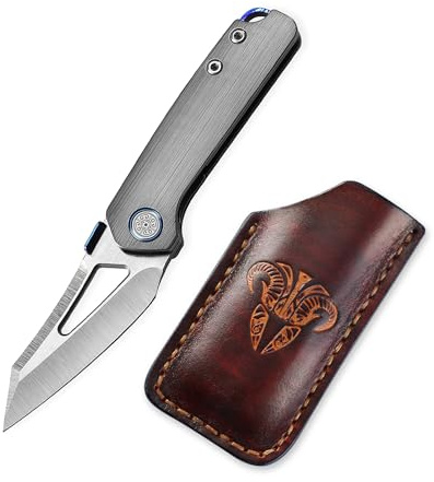 Cavol Denka Klappmesser mit Lederscheide Thumb Stud Knife,66mm M390 Taschenmesser,Titan Griff Folding Knife,70.2g leichtes EDC Messer (grau & Lederscheide)