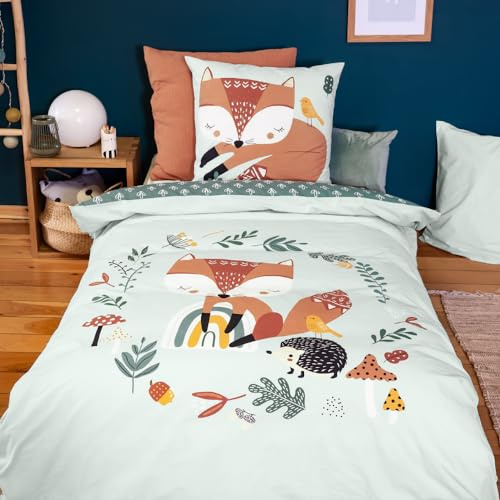 CÔTE DECO Bettwäsche für Kinder, Wendbar, 140 x 200 cm, Bettbezug + 1 Kissenbezug 63 x 63 cm, Motiv Fuchs, Grün, 100% Baumwolle, 2-teilig