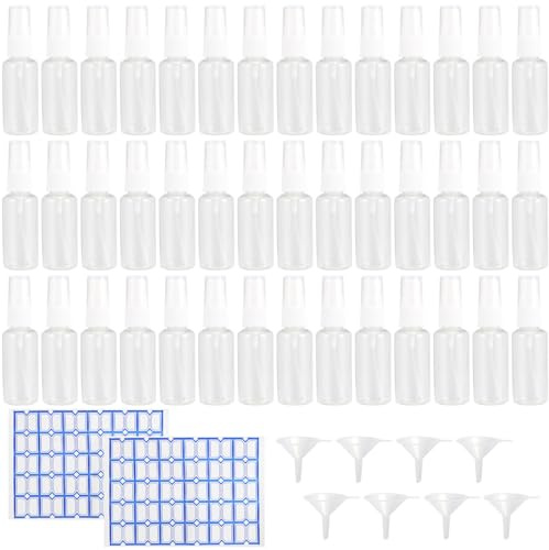 MOUYAT 50 Pack Clear Plastic Spray Bottle, 60ML Spray Bottle, Plastic Fine Mist Sprayer with Funnels And Labels, Refillable Spray Travel Bottle for Essential Oils, Perfumes, Floral Waters