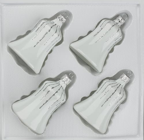 Navidacio 4 TLG. Glas-Glocken Set in Hochglanz Weiss Silber Regen - Neuheit - Christbaumkugeln - Weihnachtsschmuck-Christbaumschmuck