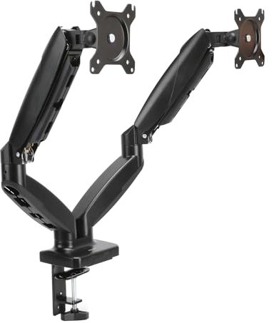 Amazon Basics Schreibtischhalterung für zwei Computermonitore, Gasfeder-Monitorarm, verstellbar, für Monitore bis zu einer Größe von 27 Zoll (68.6 cm), Schwarz