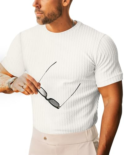 Beotyshow Men's Ribbed Knit T Shirts Short Sleeve Crew Neck Slim Fit Stretchy Muscle Shirts Basic Solid Tee Tops