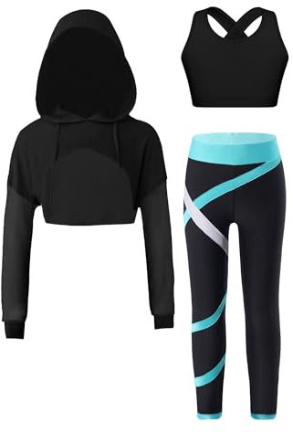 FEESHOW Kinder Trainingsanzug Mädchen Sport BH Und Leggings Set Mit Hoodie Kinder Workout Sport Outfit Jazz Dance Tanzkleidung Hip Hop Kleidung Blaugrün_A 158-164