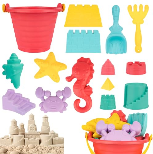 Juguete de playa para niños – Juguete de arena para niños incluye cubo de playa, forma de arena, pala de arena, rastrillo, tamiz de arena, castillo de arena, juguete para niños y niñas para bebés a