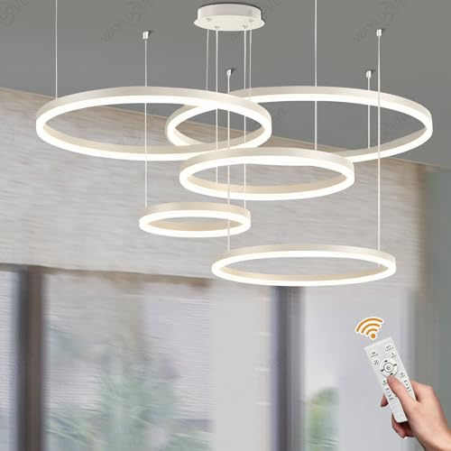 WayLuoung LED Lampadario Metallo | 5 Cerchi 20+40+60+80+100cm | 130W Lampada Sospensione Soffitto Anelli, Telecomando Dimmerabile 3000-6000K, Lampada Sospensione Paralume Acrilico Soggiorno 【Bianco】