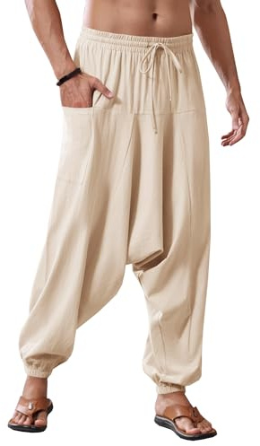 Runcati Pantalon pour homme en coton, style harem, ample, hippie, décontracté, en lin, pour yoga, plage, avec coupe profonde, marron, L