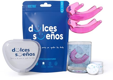 KULTIMA® Férula Descarga Bruxismo Nocturna + 6 Tabletas Limpiadoras. 2 Bucales Dentales Moldeables para Dormir. Solución Contra Rechinar Dientes, Trastornos ATM, NO BPA Práctica Deportiva (ROSA, S)