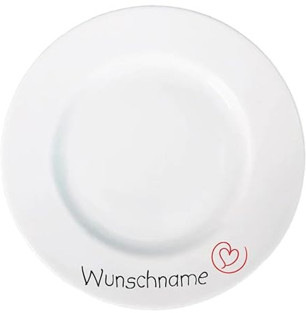 Teller Müslischale Tasse Frühstücksservice mit Name bedruckt - Serie Herz - Geschirr mit Wunschnamen selbst gestalten - individuell personalisiert - hochwertiges Porzellan (Frühstücksteller Rund)