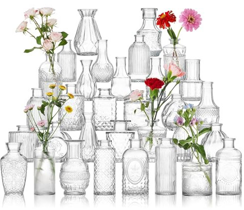 Glass Bud Vase Set of 32 Pcs, Vintage Clear Small Glass Vases for Flowers, Glass Bud Vases in Bulk, Mini Vase for Centerpieces, Wedding, Home Decor and Events