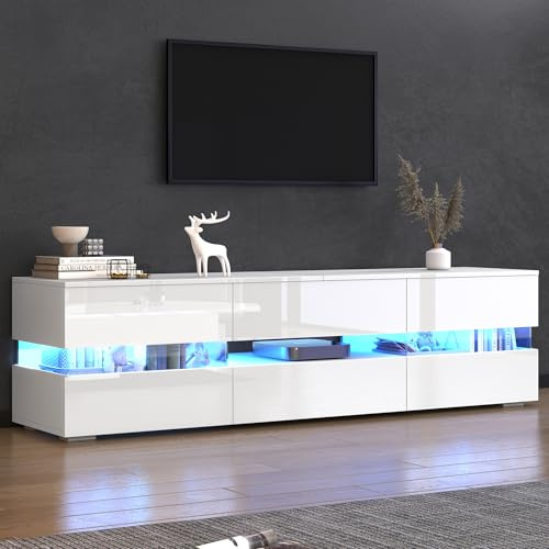 Moderner weißer Hochglanz-TV-Schrank, 160x39x45 cm, mit LED-Beleuchtung, 2 Türen, 1 Schublade, offenes Fach, geeignet für 70-Zoll-Fernseher – mit Acryl-Glaseinsatz und Drucköffnung,Hochglanz-TV-Stände