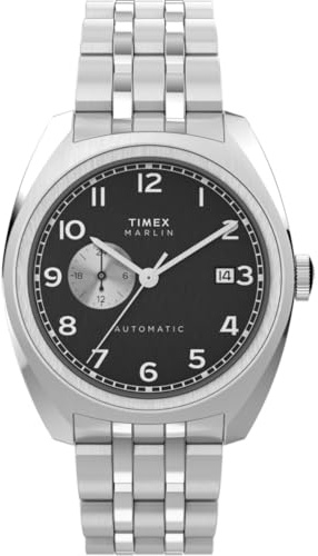 Timex Orologio da uomo MARLIN Cassa in acciaio inossidabile placcata argento Movimento meccanico automatico Quadrante nero Bracciale in acciaio placcato nero con chiusura deployante 5 ATM