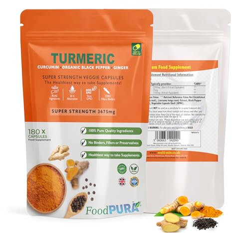 FoodPURA 180 x Turmeric and Black Pepper Capsules with Ginger - High Strength (3675mg) Curcumin Supplement, UK Manufactured & HACCP Certified