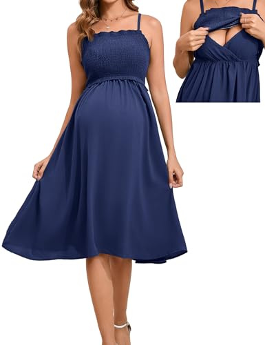 LYTHMER Damen Umstandskleid Stillkleid gesmoktes Midi-Maxikleid Verstellbare Spaghettiträger Quadratischer Ausschnitt Umstandskleidung, Dunkelblau, Groß