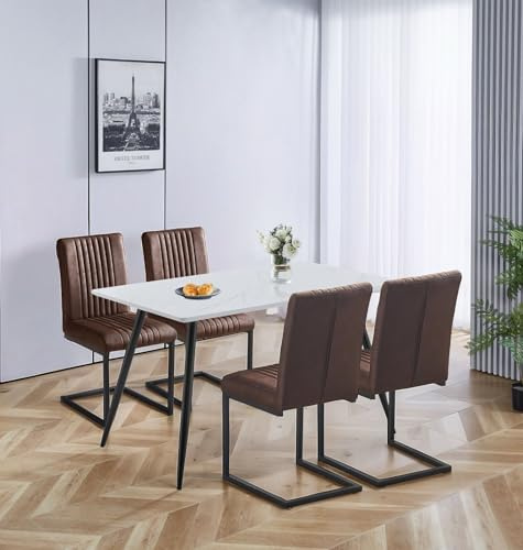 Hallowood Furniture Cullompton Small Dining Table and Chairs Set 4, White Marble Effect Top Kitchen Table and Brown Leather Effect Cantilever Dining Chairs with Metal Legs for Home, Cafe
