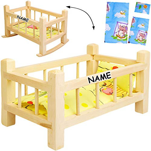 alles-meine.de GmbH UMBAUBAR - großes Holz - Puppenbett & Puppenwiege - inkl. Name - 43 cm groß - mit Bettzeug - aus Naturholz - Holzwiege Schaukelbett - für Puppen groß - Bett H..