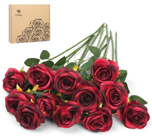 Woltoy 12 Stück Künstliche Rosen Mit Langstielige, Künstliche Blumen Seide Kunstrose Natürlich und Realistisch, Fake Rosen für Haus, Garten, Party, Hochzeitsstrauß und Büro Dekoration