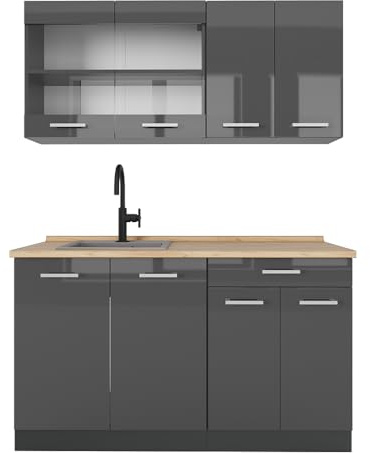 Vicco Singleküche R-Line, Anthrazit Hochglanz, 140 cm | 4 Module · Höhenverstellbare Füße · Ohne Arbeitsplatte · Robuste Fronten · Mit Glasschrank · Frei kombinierbar