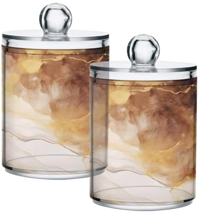 Mnsruu 2 Pack Qtip Holder Dispenser Brown White Marble Bathroom Canister Storage Jars Clear Makeup Organizer Cotton Ball Pads Swabs Floss Containers