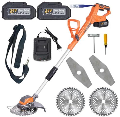 2 in 1 Akku Rasentrimmer Elektro Motorsense mit 2 Akku (4.0Ah) und Ladegerät Akku Freischneider mit 2 Metallklingen für Trimmen Rasen, Rasentrimmer mit Akku für Makita Akku