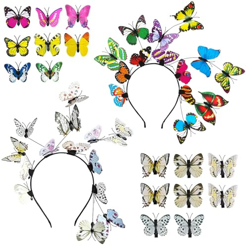 XTUDOU® 2 Stück Haarreif Schmetterling + 8 Stück Butterfly Hair Clips, Schmetterling Haarreif Damen für Schmetterlings-Cosplay, Halloween Karneval Fasching Kostüm Cosplay Accessorie(Farbig, weiß)