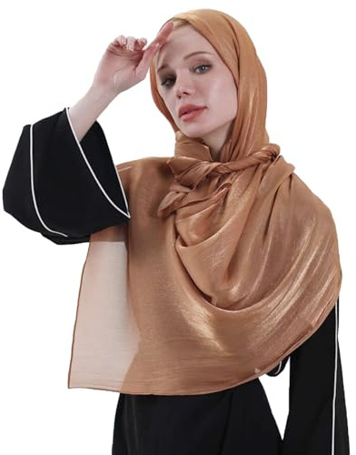 HURESON Women Premium Hijab Head Scarf Lightweight Shimmer Scarves Crepe Wedding Shawls and Wraps for Evening Dresses Shiny (Camel 31#)