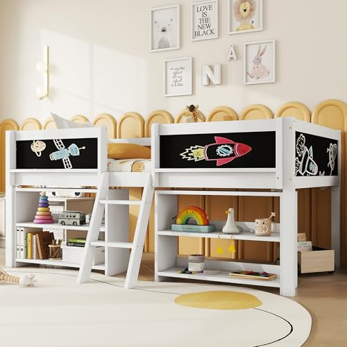 roomfitters Halbhochbett 90x200 mit Einlegeböden, Geländer und Leiter, platzsparendes Massivholzbett im minimalistischen Stil, Weiß