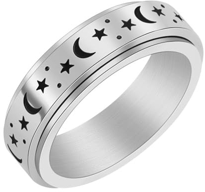 Calefee Drehringe für Damen Anti Stress, Trauringe Edelstahl für Herren Schlicht Bandring Drehbar mit Stern Mond 6 mm Breit, Größe 47 bis 72
