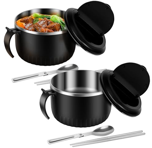 Ghshanog 2Pcs Rapid Ramen Bowl,1600ml Stainless Steel Noodle Bowl with Spoons Chopstickss,Ramen Cooker Soup Bowls with Lid,Handle and Strainer for Dorm Home Office,Dishwasher Safe