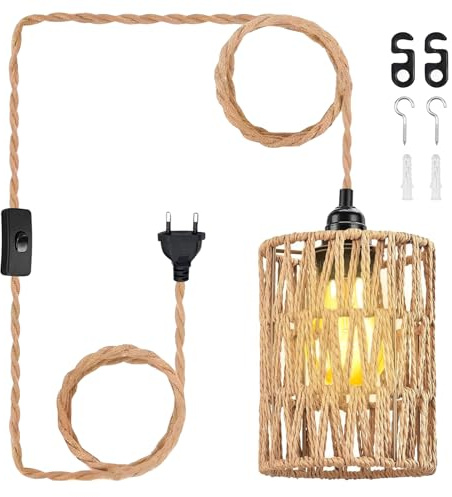 PORFOYO Lampe Suspendue Avec Prise,4,5 M E27 Suspension En Rotin Et Câble, Suspension Luminaire Vintage Pour Cuisine,Balcon,Couloir,Table A Manger,Gazebo,Couloir,Intérieur