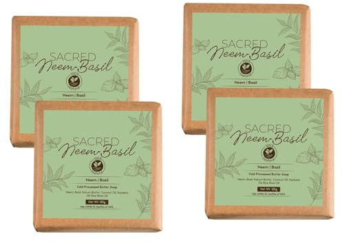 Neem Basil Butter Soa.p – 125g x 4 |Cold-Processed Ayurvedic Bath Soap with Neem Actives & Basil | Antibacterial, Anti-Inflammatory & Anti-Acne|Handmade Herbal Soap with Essential Oils for Men & Women